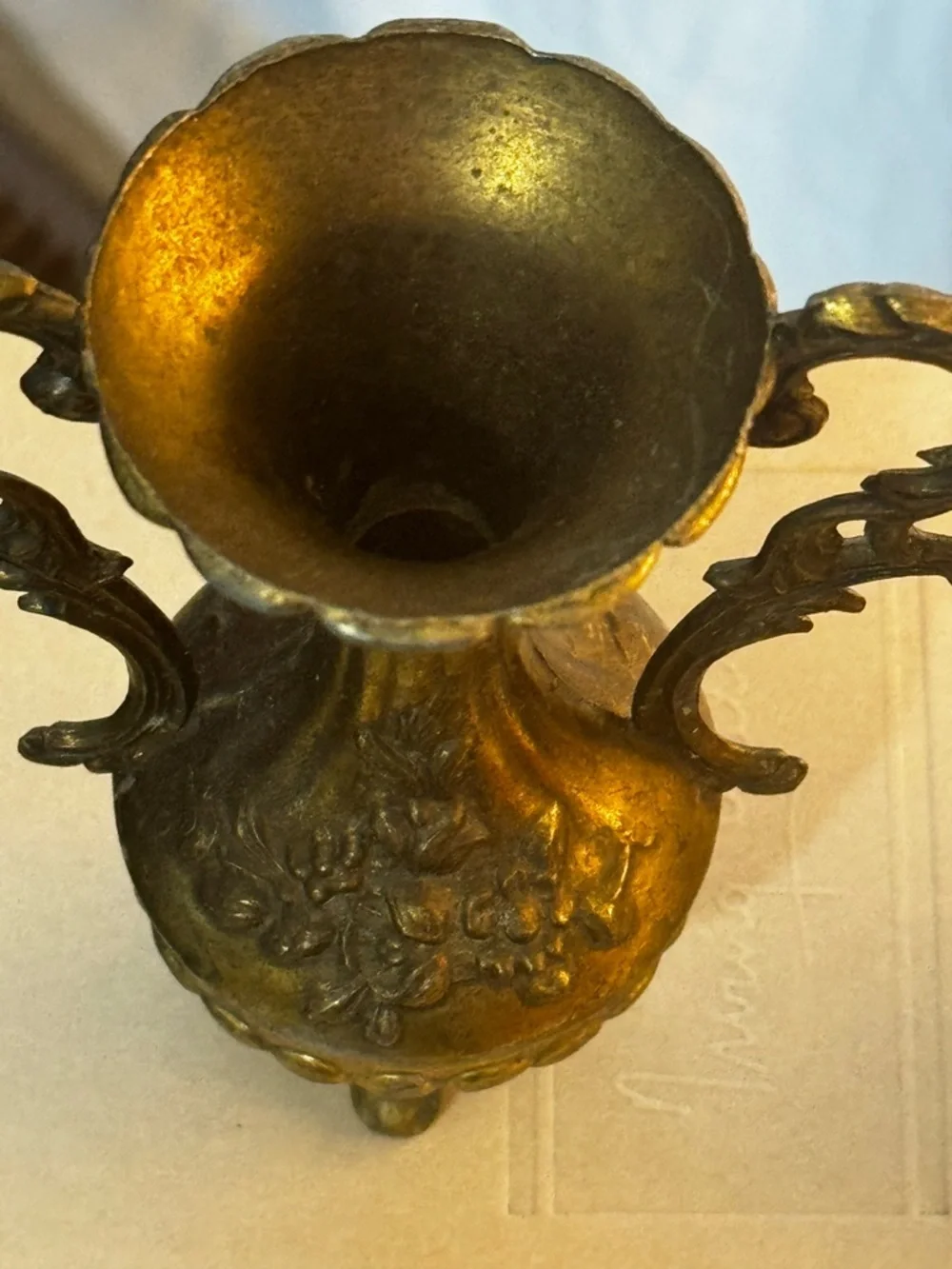 Vintage Italian Brass Bud Vase Renaissance-style Floral Dual Handles Ornate Set
